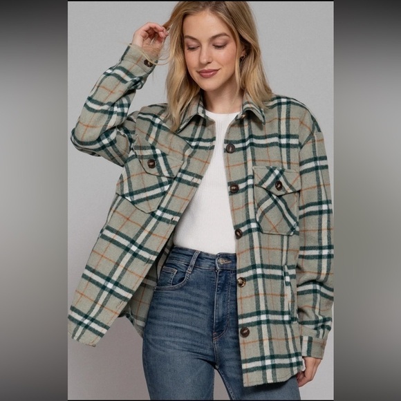 Hi, It's Birdie Jackets & Blazers - 037 - Plaid Button-Up Jacket - Green and Cream